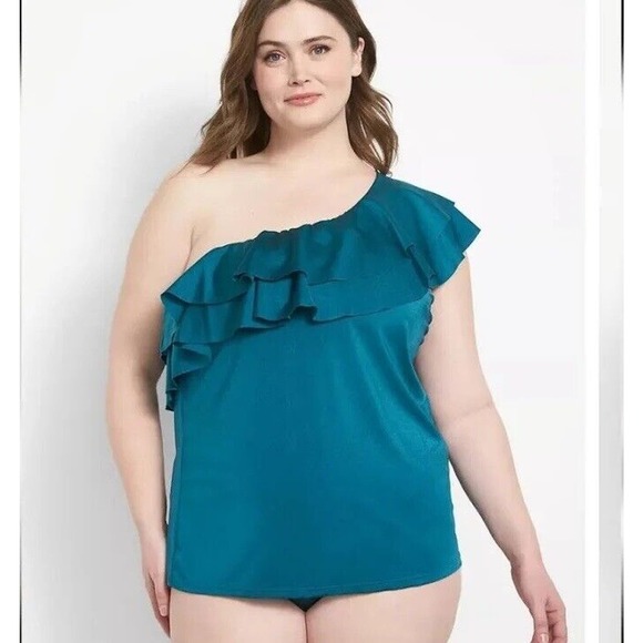 Cacique Swim Lightly Lined No-Wire Relaxed One-Shoulder Ruffle Tankini Top 16 - Picture 12 of 12